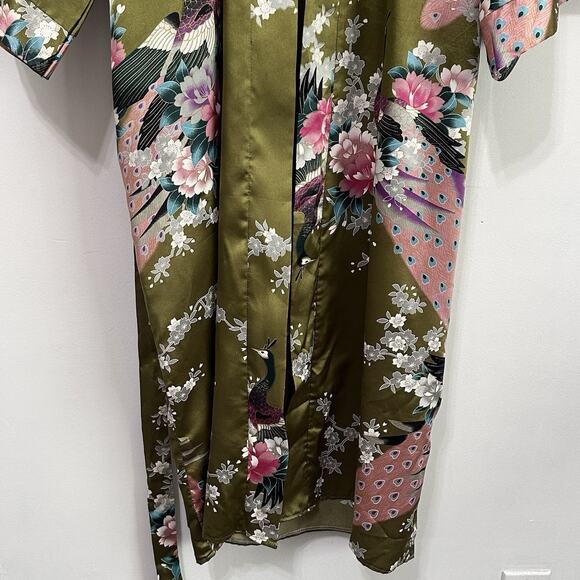 Oriental Silk Kimono Robe S/M Belted Green Peacocks Floral Romantic Satin Asian - Picture 2 of 10